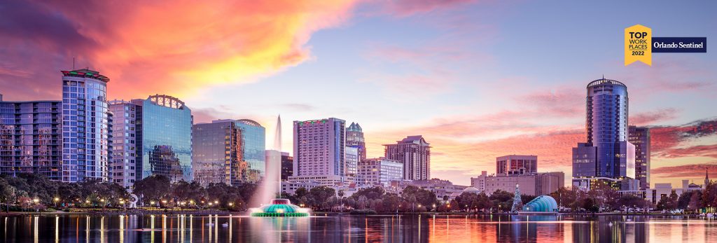 Orlando skyline with 2022 Orlando Sentinel Top Workplaces logo.